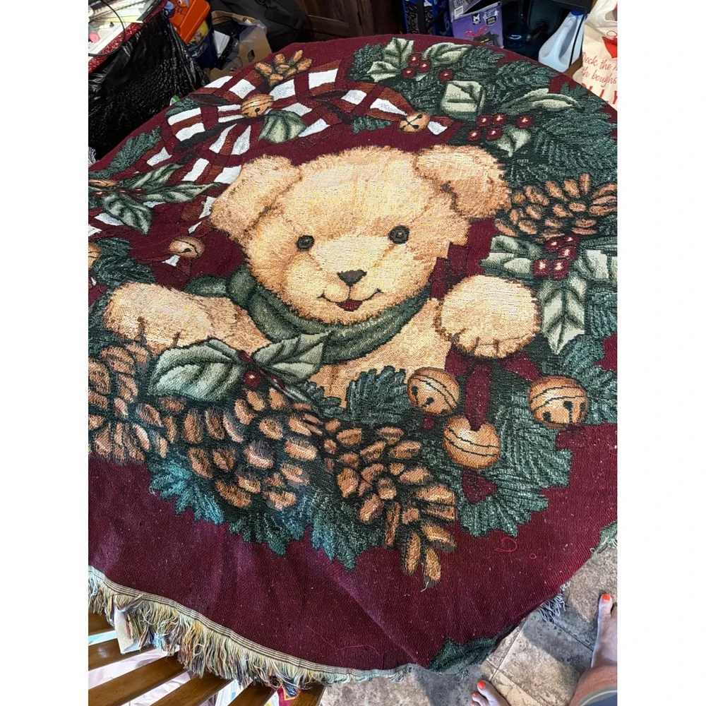 Vintage Christmas Teddy Bear Woven Tapestry Throw Blanket Burgundy Fringed Edge